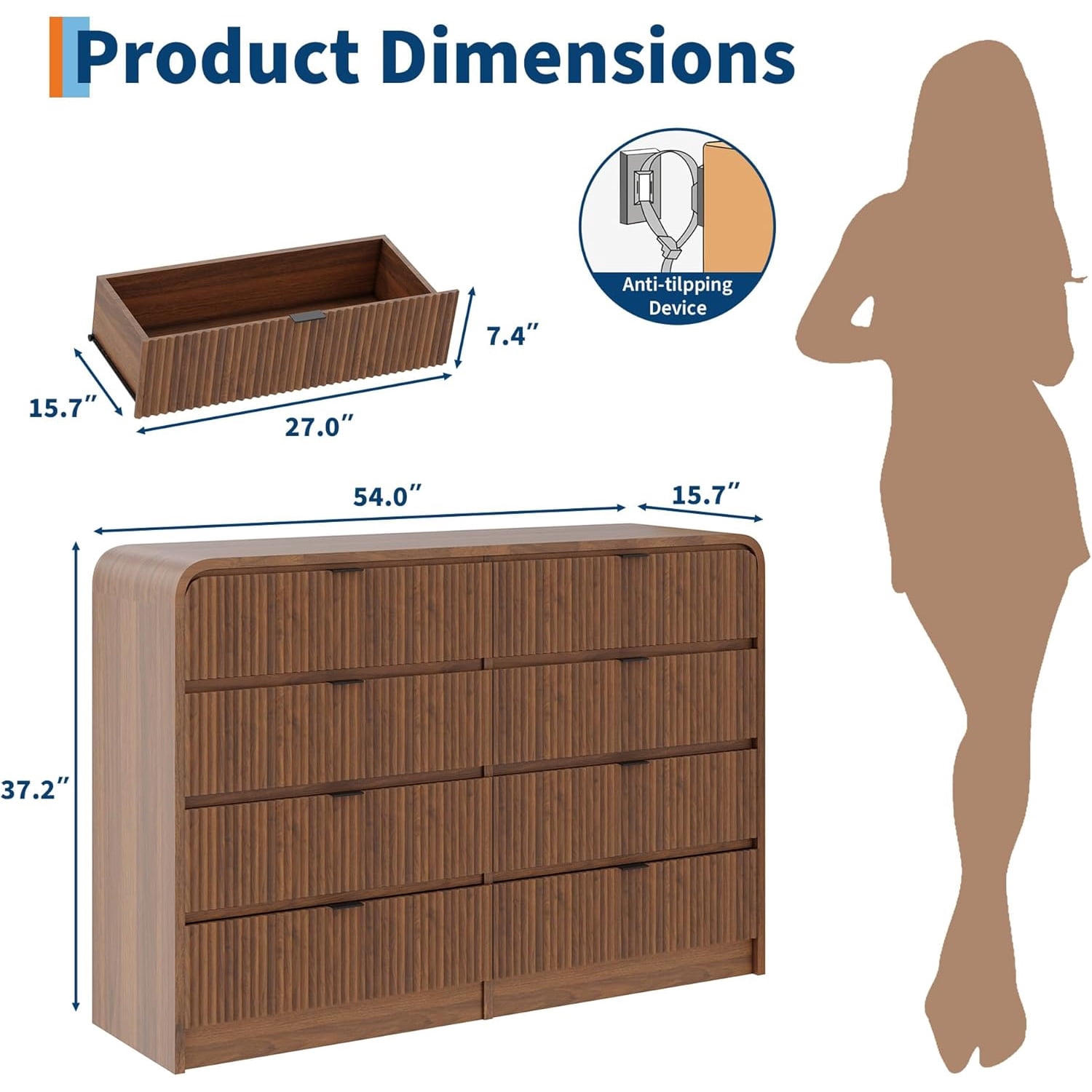 Fluted 8-Drawer Wide Dresser, Walnut Wood Chest with Rounded Edge for Bedroom, Living Room, Hallway