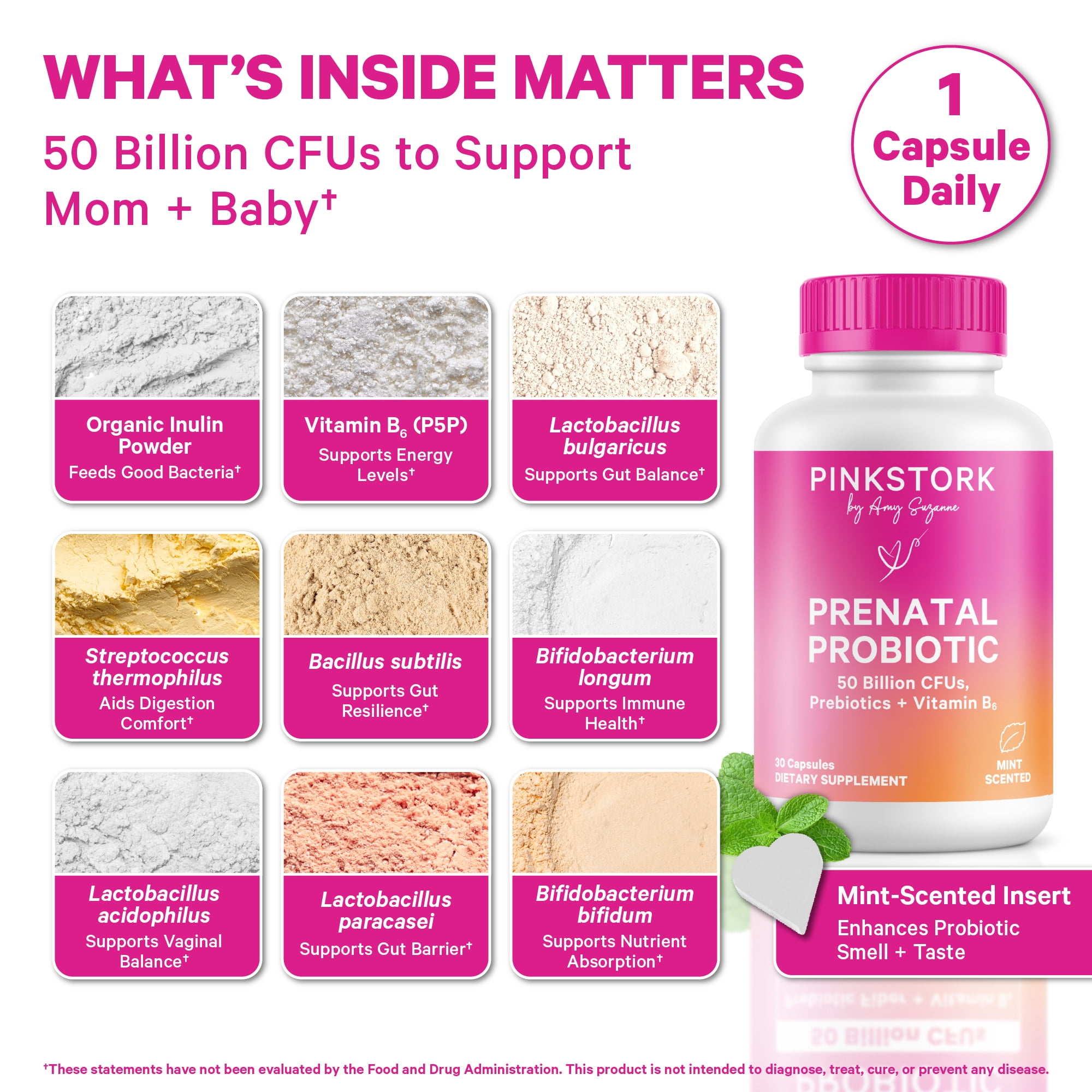 Pink Stork Prenatal Probiotics for Women with Vitamin B6 and Prebiotics- Mint Scented- 30 Capsules