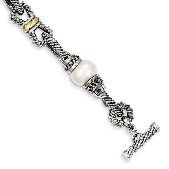 Beautiful Sterling Silver w/14k 10-10.5mm FW Cultured Pearl Bracelet