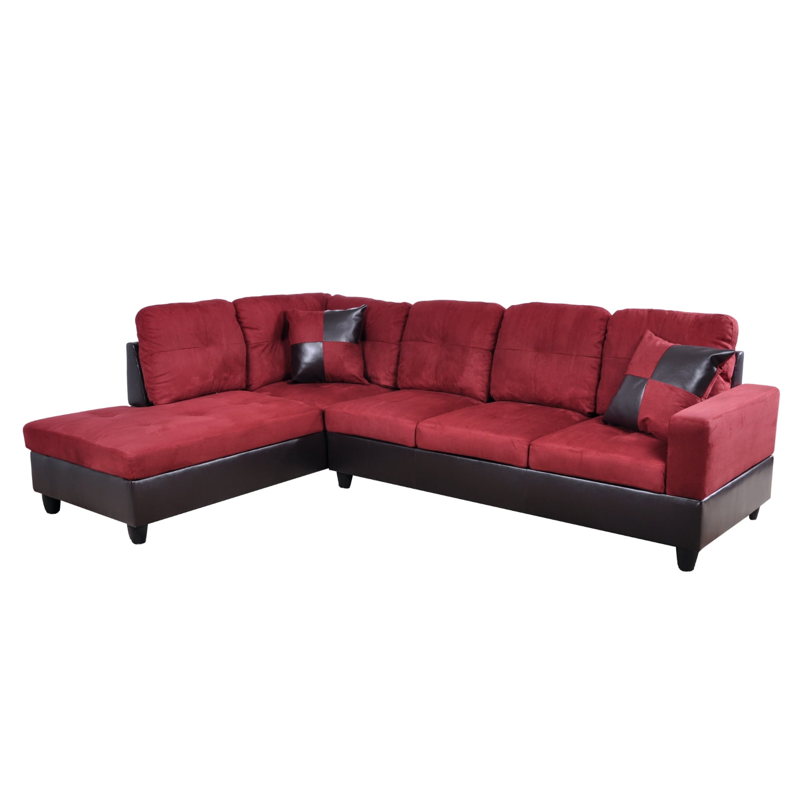 Hommoo Modern L Shaped Sectional Couch, 4 Seats Flannel and PVC Sectional Sofa Couch Set, Living Room Furniture Set, Red