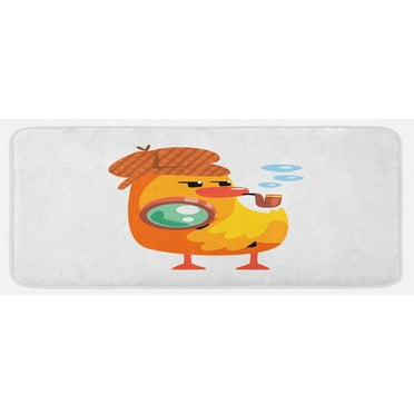 Cartoon Kitchen Mat, Private Detective Duckling Character with a Magnifying Glass Sherlock, Plush Decorative Kitchen Mat with Non Slip Backing, 47" X 19", Multicolor, by Ambesonne