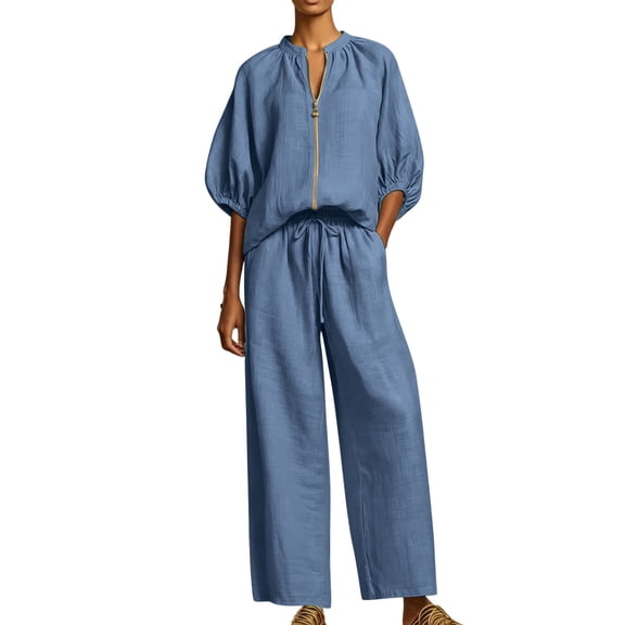 Casual 2 PC Sets for Women Lounge Fall 3/4 Sleeve Zip Up Shirts Wide Leg Loose Pants Going Out Outfits Navy M