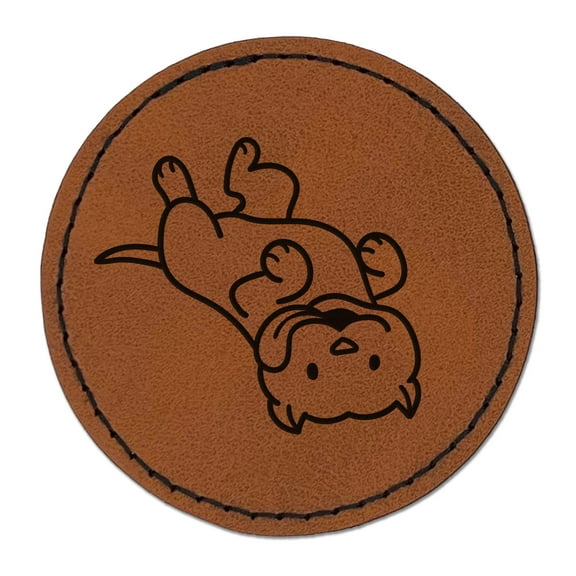 Pit Bull Laying on Back Dog 2.5" Faux Leather Round Engraved Iron-On Patch - Brown