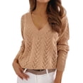 thumbnail image 2 of Brown Sweaters for Women Casual Solid Color Hollow V Neck Knit Sweater Womens Fall Fashion 2025, 2 of 6