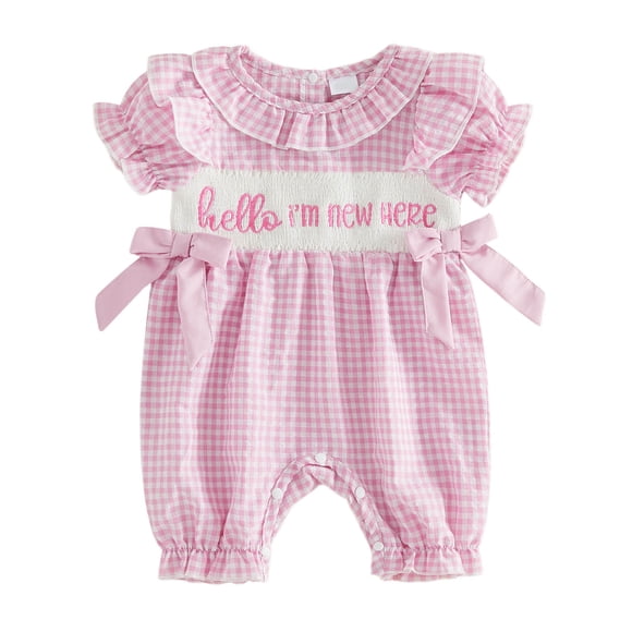 felwors Baby Girl Pink Gingham "Little Sis" Embroidered Smocked Romper Ruffle Bow Summer Outfit (Pink, 6-12 Months)