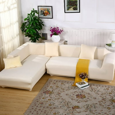 Sofa Covers for L Shape, 2pcs Polyester Fabric Stretch Slipcovers + 2pcs Pillow Covers for Sectional sofa L-shape Couch - Solid Color Beige
