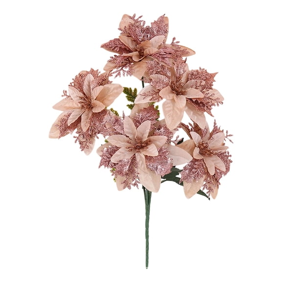 5-Fork Bouquet, Simulated Poinsettia Flowers – Home Decoration Ornaments, Realistic Faux Blooms Decorative Holiday Poinsettia Flowers for Home Tabletop Vase, or Wreath Arrangement(Pink,15.7x2")