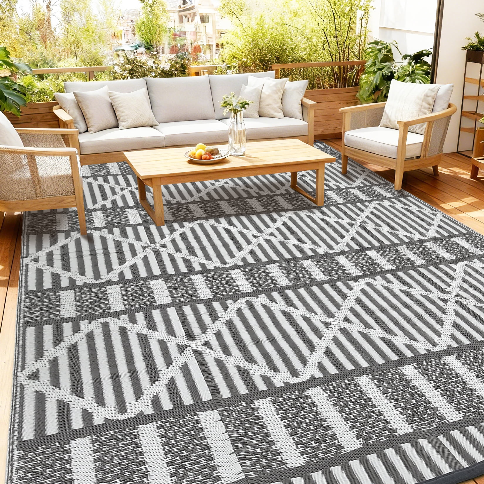 Garvee 8'x10' Outdoor Rug Waterproof Outdoor Patio Rug Mat, Reverisble Plastic Straw Outdoor Rug for RV Camping Picnic Beach Balcony, Gray and White