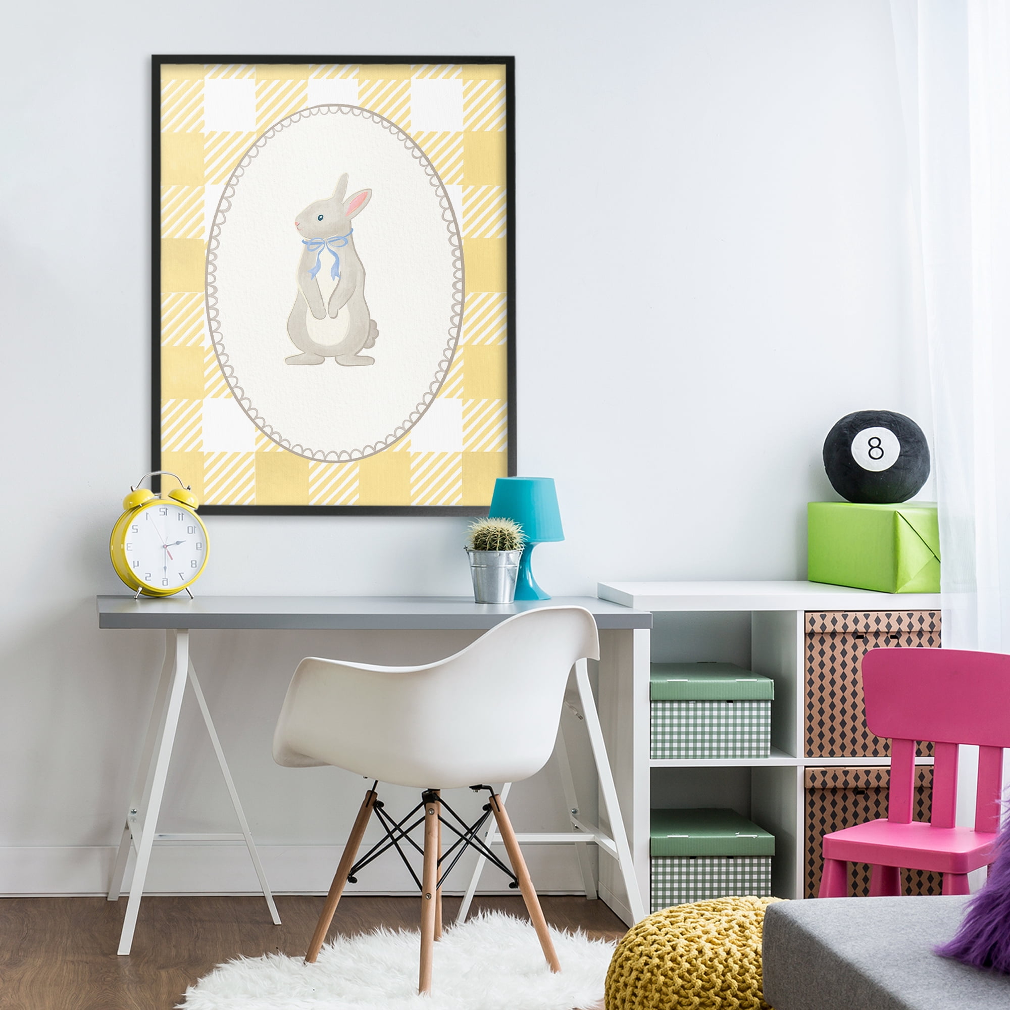 Stupell Industries Little Bunny on Yellow Gingham Black Framed Giclee Art, design by The Paper Curator
