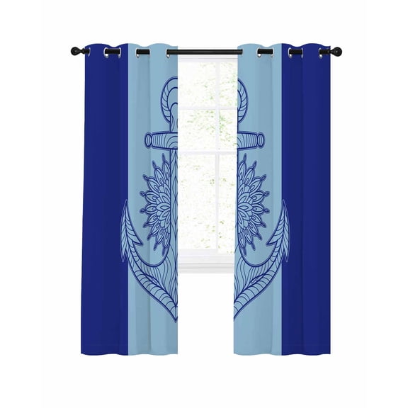 Navy Blue Anchor Blackout Curtains, Light Blocking Print Window Curtains, Nautical Mandalas Boho Modern Abstract Thermal Insulated Window Drapes for Living Room 2 Panels, 104"W x 63"L