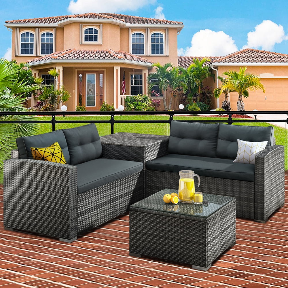 Blue Patio PE Wicker Furniture Set 4 Pieces,All Weather Patio Conversation Sets of 2 Single Sofas,1 Loveseat and Tempered Glass Table Top,Outdoor Chat Set Conversation Set for Backyard Yard,Garden 
