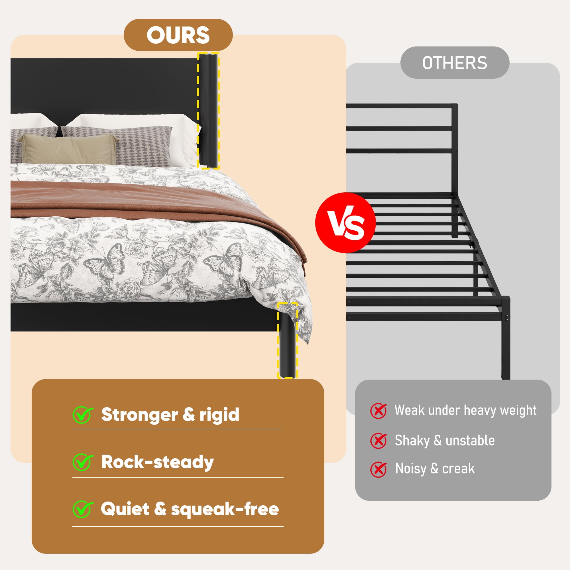 Frostbloom Queen Size Solid Wood Platform Bed Frame, with 7.3'' Under-bed Storage, Black