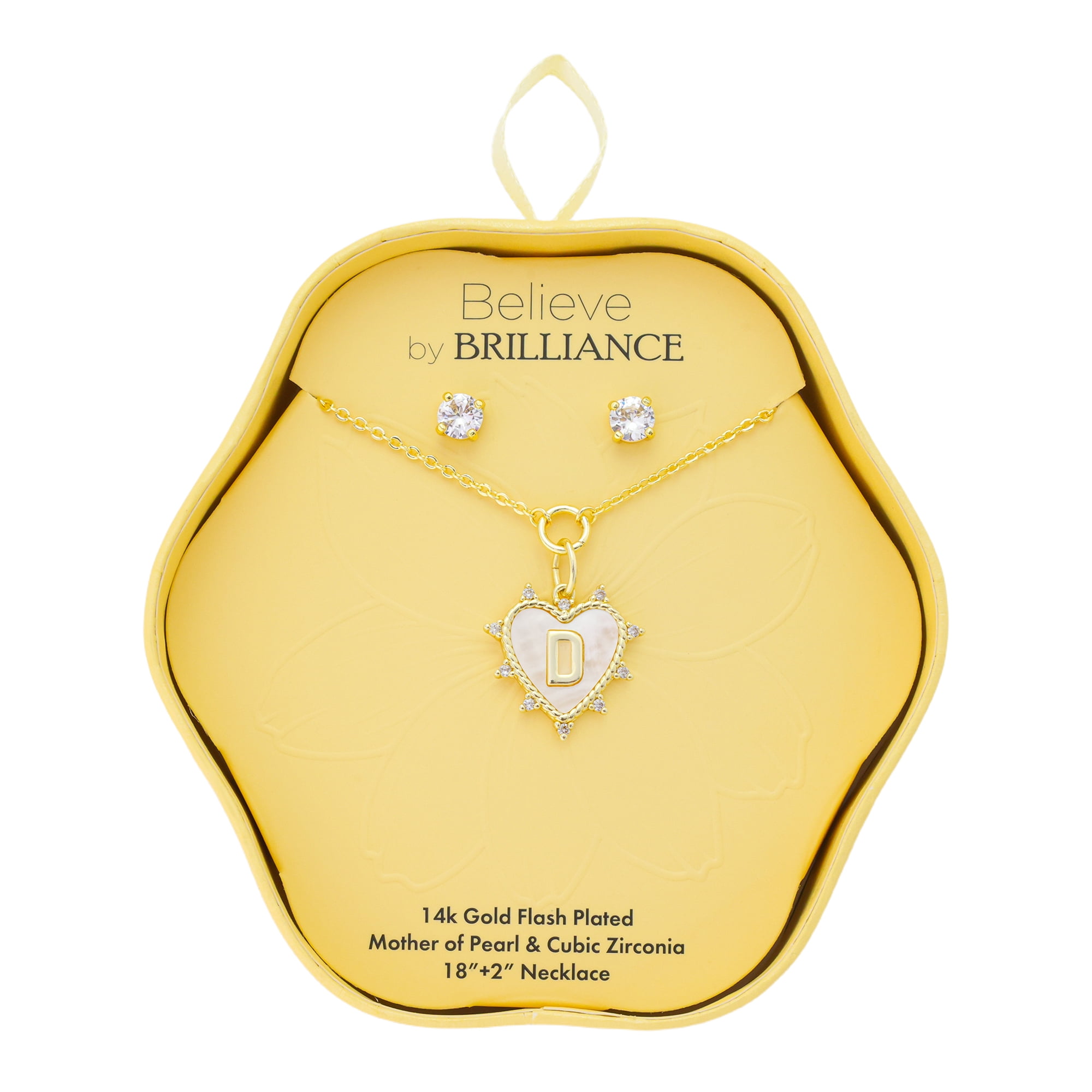 Believe by Brilliance Women's 14Kt Gold Flash Plated Mother of Pearl and Cubic Zirconia Heart "D" Necklace and Earring Set
