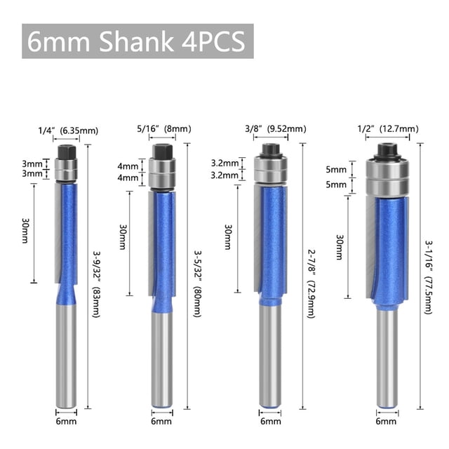 4PCS 1/4 6MM Shank Double Bearing Flush Trim Bit Router Bit Set Woodworking Milling Cutter For Wood Bit Face Mill , High Precision