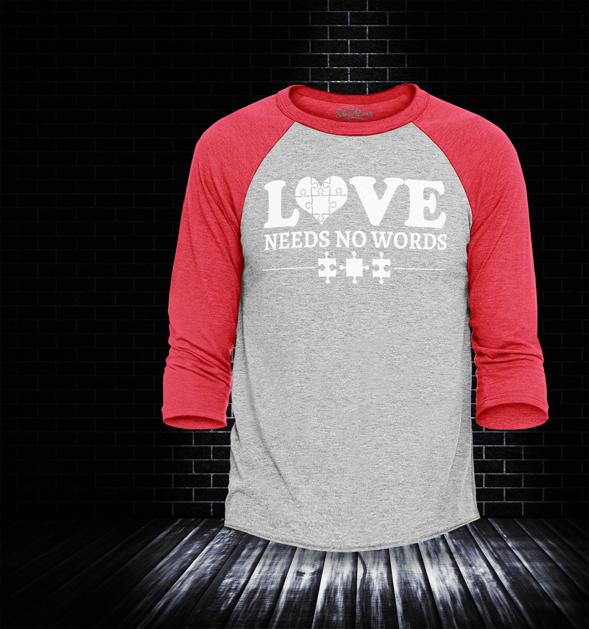Shop4Ever Men's Love Needs No Words Autism Awareness Raglan Baseball Shirt XX-Large Heather Grey/Red