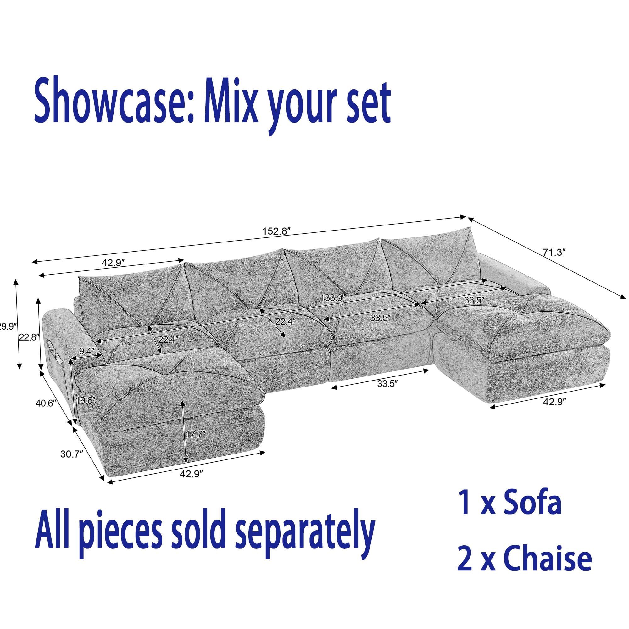 Miniyam 86" x 40" Dark Gray 2-Seater Sofa, Modular & Expandable to L-Shape or U-Shape with Optional Ottoman/Chaise