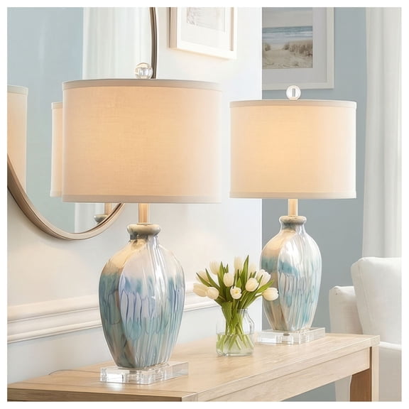 Possini Euro Design Coastal Table Lamps 25" High Set of 2 Ceramic Blue Drip Off White Shade for Living Room Family Bedroom Home (Colors may vary)