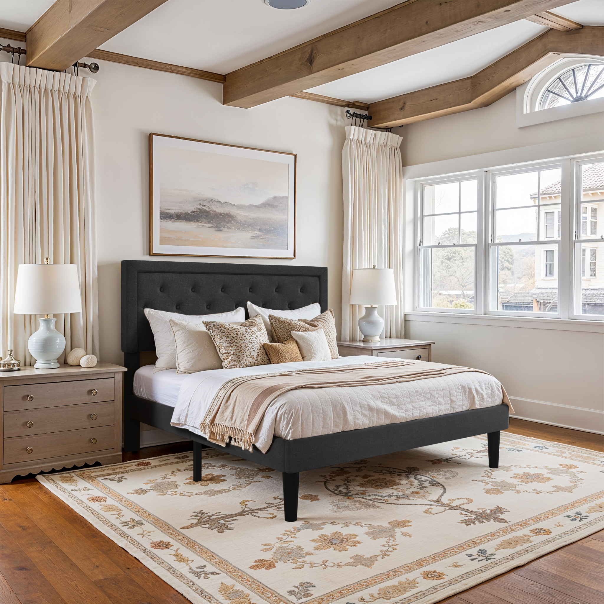 Amolife Queen Bed Frame with Adjustable Headboard, Fabric Upholstered Platform Bed, No Box Spring Required, Black