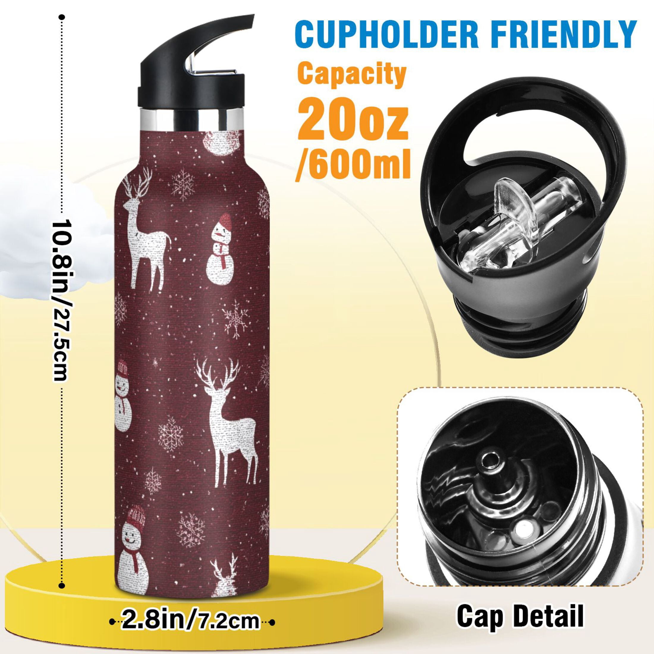 600ML Stainless Steel Insulated Cup Sports Water Bottle Portable Thermos Cup Water Glasses Insulated Tumblers Convenient and Durable Beautiful Cute Christmas Pattern