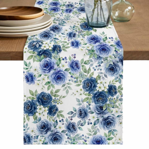 Navy Blue Roses Cotton Linen Table Runner for Dining Kitchen, Spring Floral Elegant Pastoral Botanical Wedding Outdoor Party Tablerunners, Dresser Scarf Coffee Tablecloth Runners 13x70 Inches