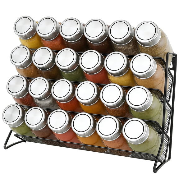 4-tier Spice Rack Organizer, Wall-Mounted & Desktop Spice Storage Shelf, Black Iron Seasoning Rack for Kitchen, Open Design for Quick Access, Self-Standing or Hanging