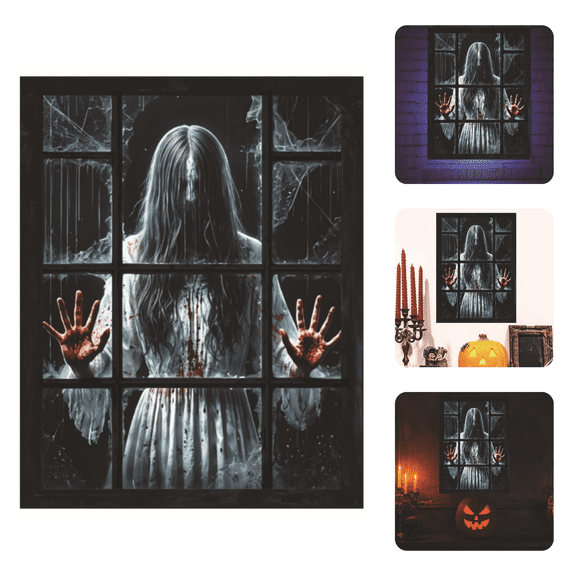 2 Sheets Scary Female Ghost Window Stickers, Broken Crack Window Design Halloween Static Window Clings, Removable Horror Decor for Halloween Party Haunted House Window Door