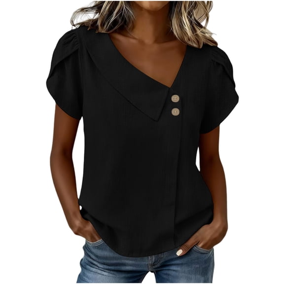 100% Cotton Blouses for Women V-Neck Button Short Sleeve Shirts Solid Color Pullover Casual Plus Size Summer Tops,Size S-2XL