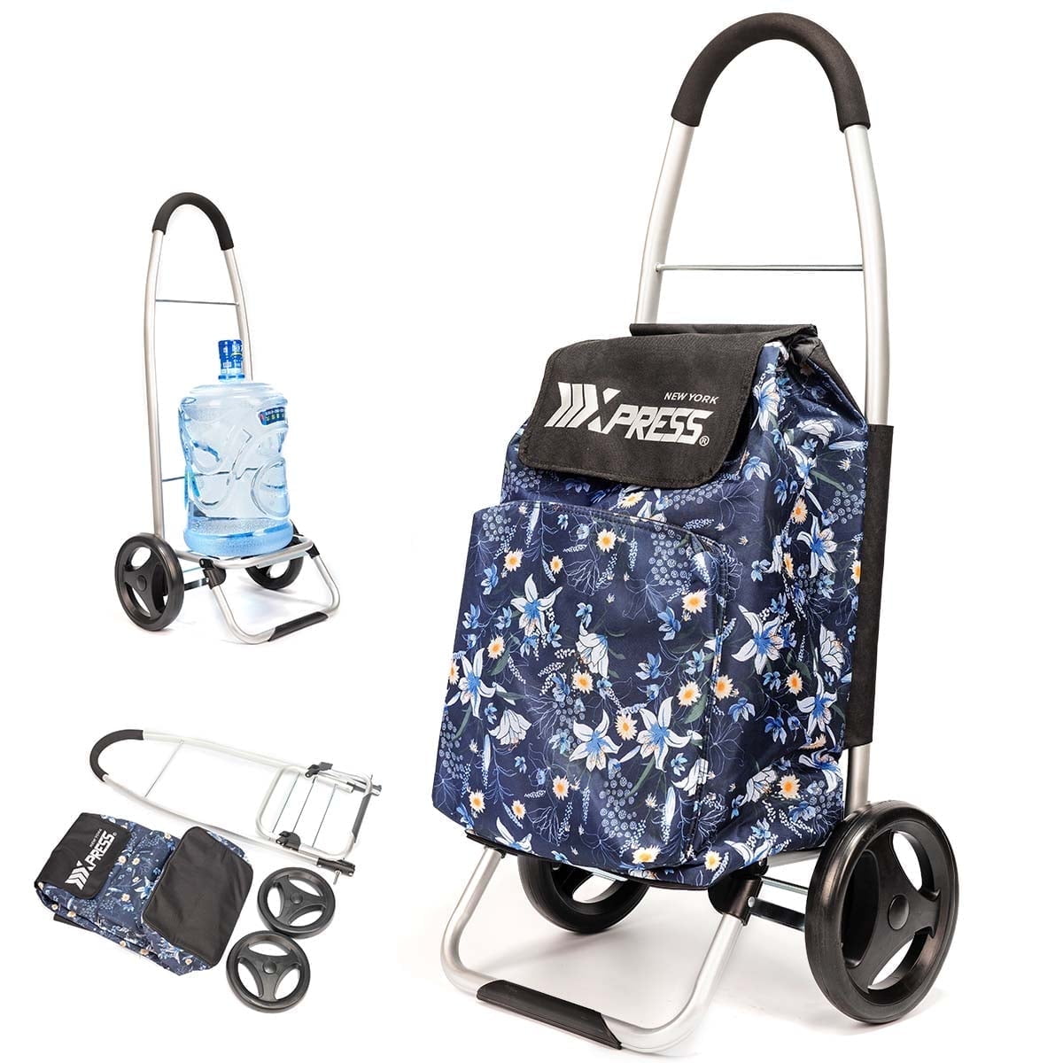 New York Xpress Folding Shopping Cart for Groceries, Collapsible Grocery Cart on Wheels with Removable Insulated Bag, Blue Lilies, Sb010
