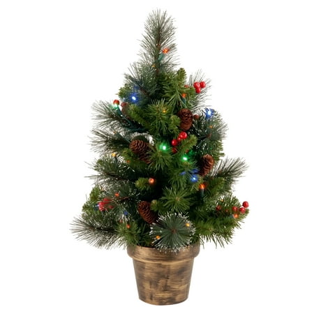 National Tree Pre-Lit 2' Crestwood Spruce Small Artificial Christmas Tree with Silver Bristle, Cones, Red Berries and Glitter in a Plastic Bronze Pot with 35 Battery Operated Multi LED