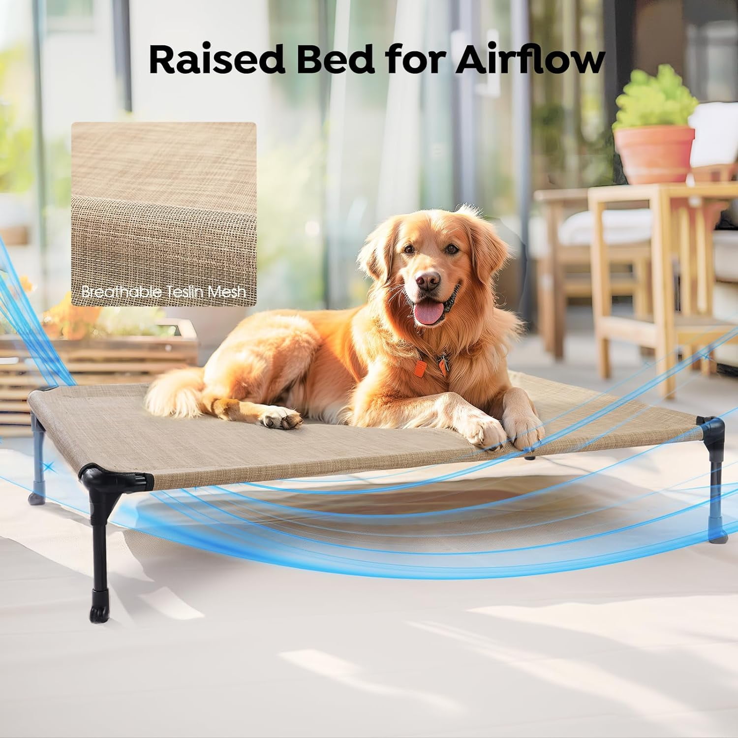 Cooling Elevated Dog Bed + Waterproof Removable Pillow-Top Mat, Bolster Dog Cot Bed, Raised Pet Cot with Breathable Mesh, No-Slip Feet, Dog Couch Bed for Indoor & Outdoor, Large, Beige