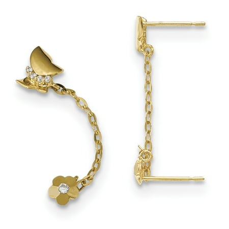 Yellow Gold Flower Earrings 14k Yellow Gold Cubic Zirconia Cz Double Post Stud Chain Butterfly Flower Earrings Animal Gifts For Women For Her ()