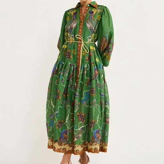 New Spring Style: Floral Print Lantern Sleeve Fitted Waist Long Sleeve Full Skirt Dress