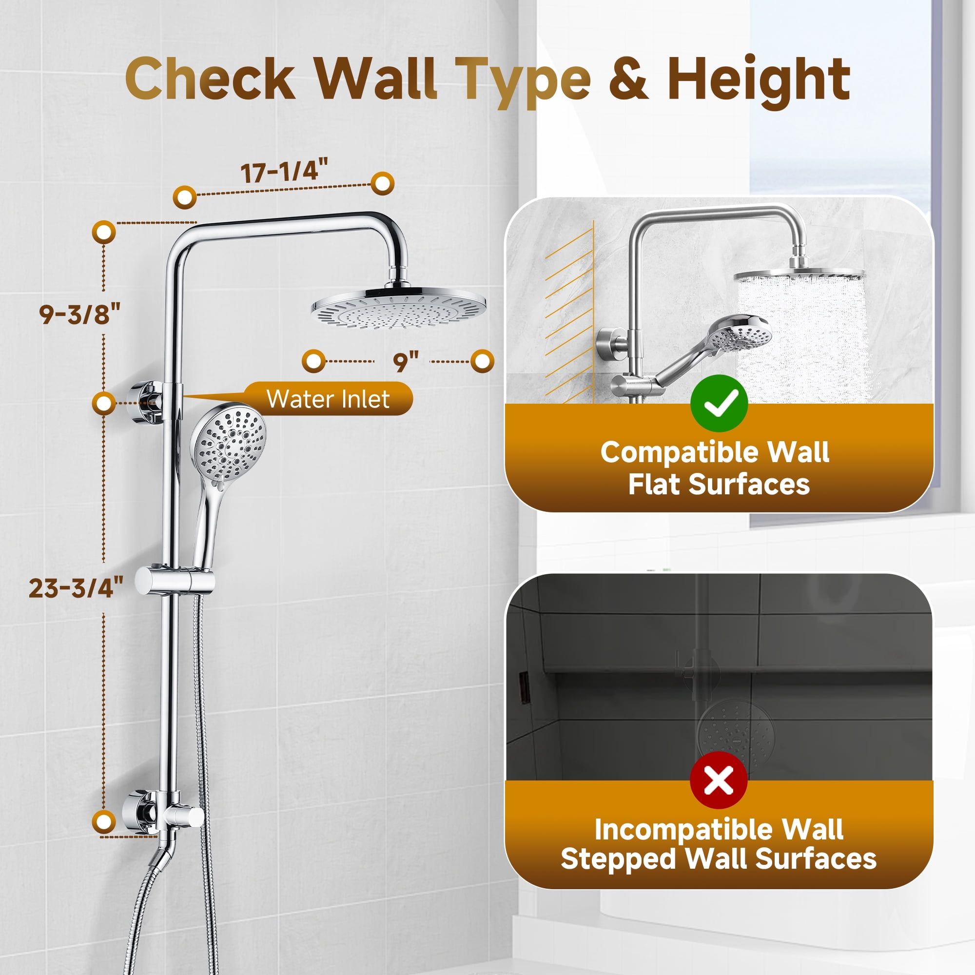 Bright Showers Rain Shower Heads System, Rainfall & Handheld Shower Combo with Height Adjustable Holder, Solid Brass Rail, 60" Long Hose, Chrome