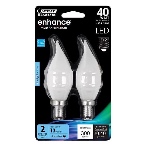 Feit Enhance CA10 (Flame Tip) E12 (Candelabra) Filament LED Bulb Daylight 40 Watt Equivalence 2 pk