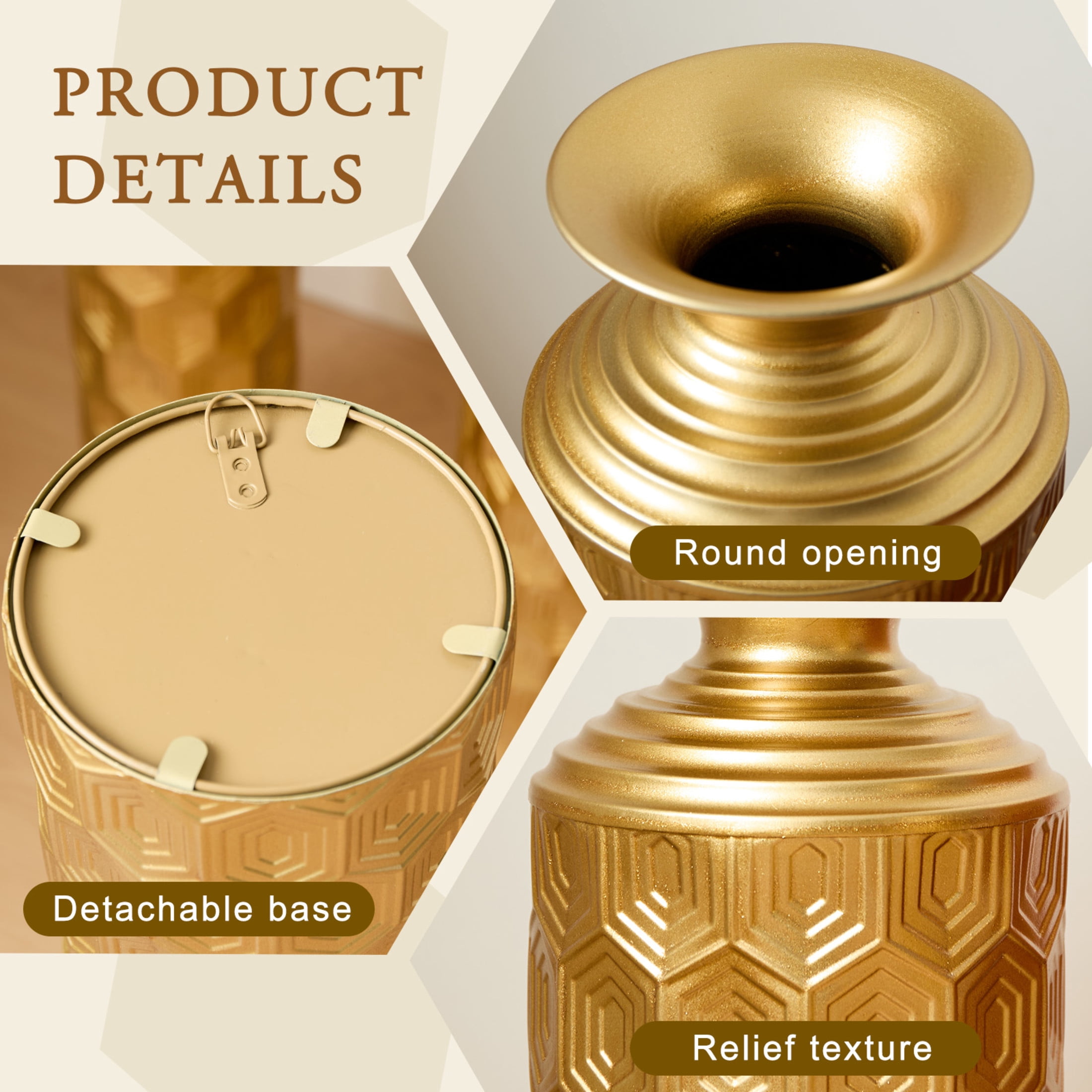 Noble House 3-Piece Gold Metal Floor Vase Set, 33.46", 25.59", 19.69" Hexagon Textured Decorative Vases
