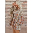 thumbnail image 3 of I AM A FASHION JUNKY Khaki Plaid Colorblock Patchwork High Low Shacket (Khaki, M, 100%Polyester), 3 of 8
