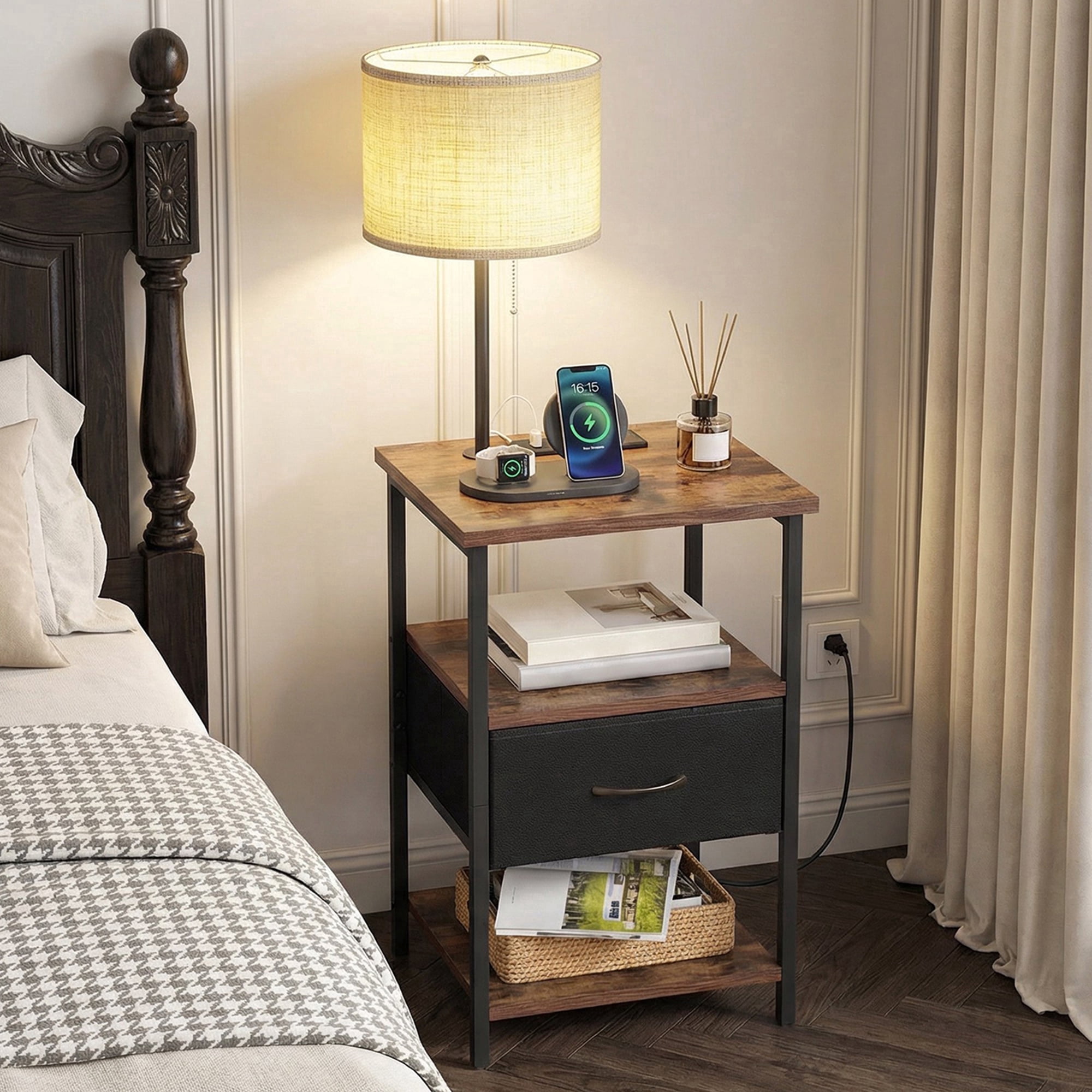 TOMNK Floor Lamp with Table, End Table for Living Room with Lamp, Shelves Side Table with Charging Station(USB & AC Port), 3 Color Temperature LED Bulb, Modern Nightstand Lamp for Bedroom, Office