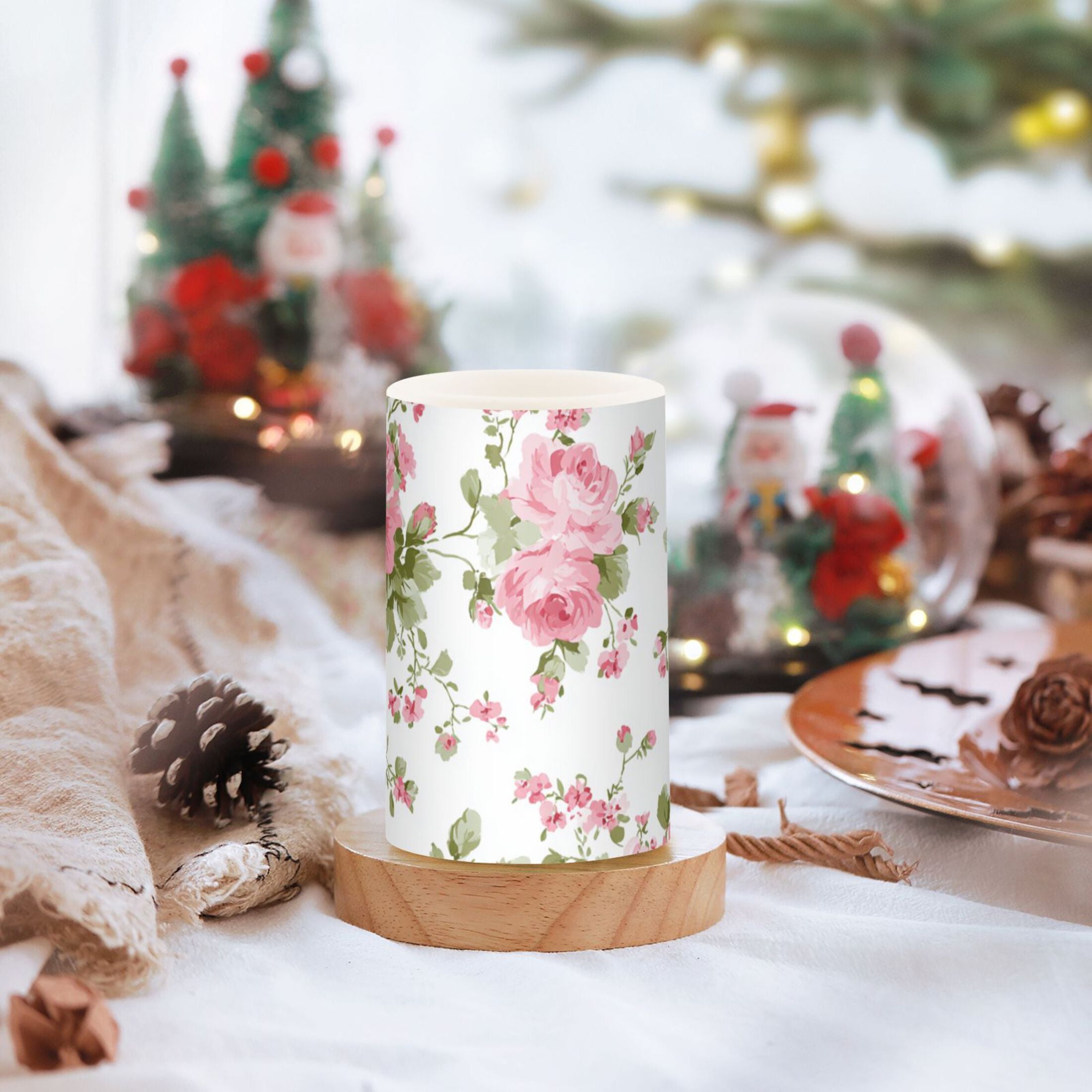 Chic Pink Roses Flickering Flameless Candles LED Tealight Battery Operated with Remote Set of 2 Holiday Decor Ornaments