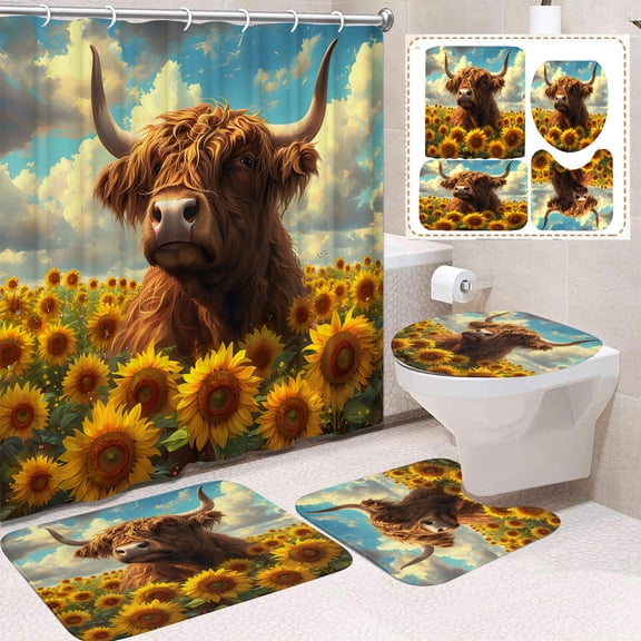 Rustic Rose Highland Cow Shower Curtain Set,Farmhouse Bull Mens Bathroom Shower Curtains Set,Rustic Cow Shower Curtain Set Farmhouse Bathroom Curtain Decor,Waterproof Western Farm Bathroom Curtain