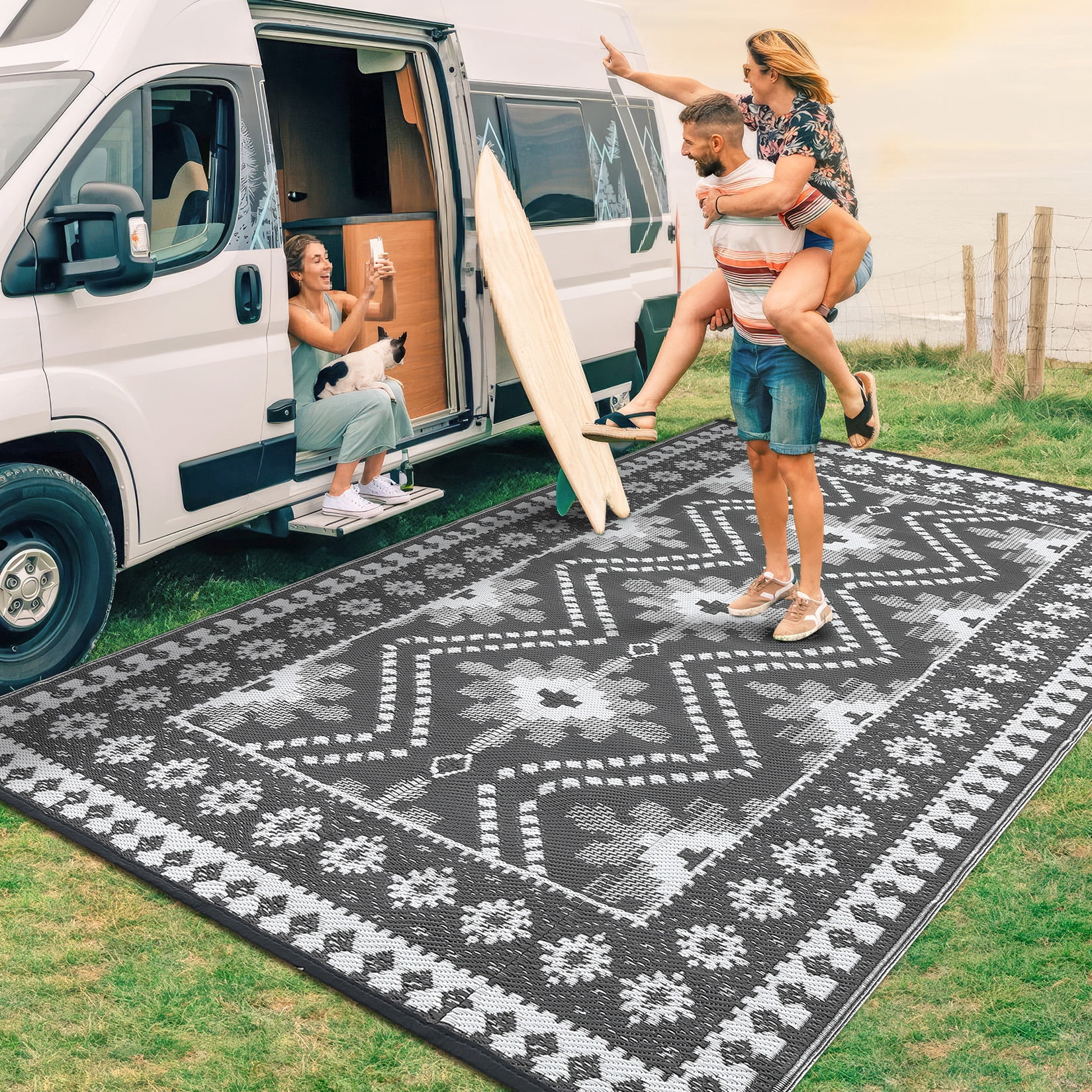 HIWEAVER 9' x 12' Gray/White Outdoor Rug PP Plastic Straw Woven Waterproof Patio Rug with Border Portable Outside Carpet for Balcony Deck Picnic Garden Decor