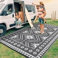 thumbnail image 2 of Garvee 9'x18' Outdoor Rug Waterproof Plastic Straw Rug, Reversible Camping Rugs Camping RV Mat Outside Vintage Diamond Carpet for Patio Deck Backyard Beach Picnic, Gray, 2 of 6