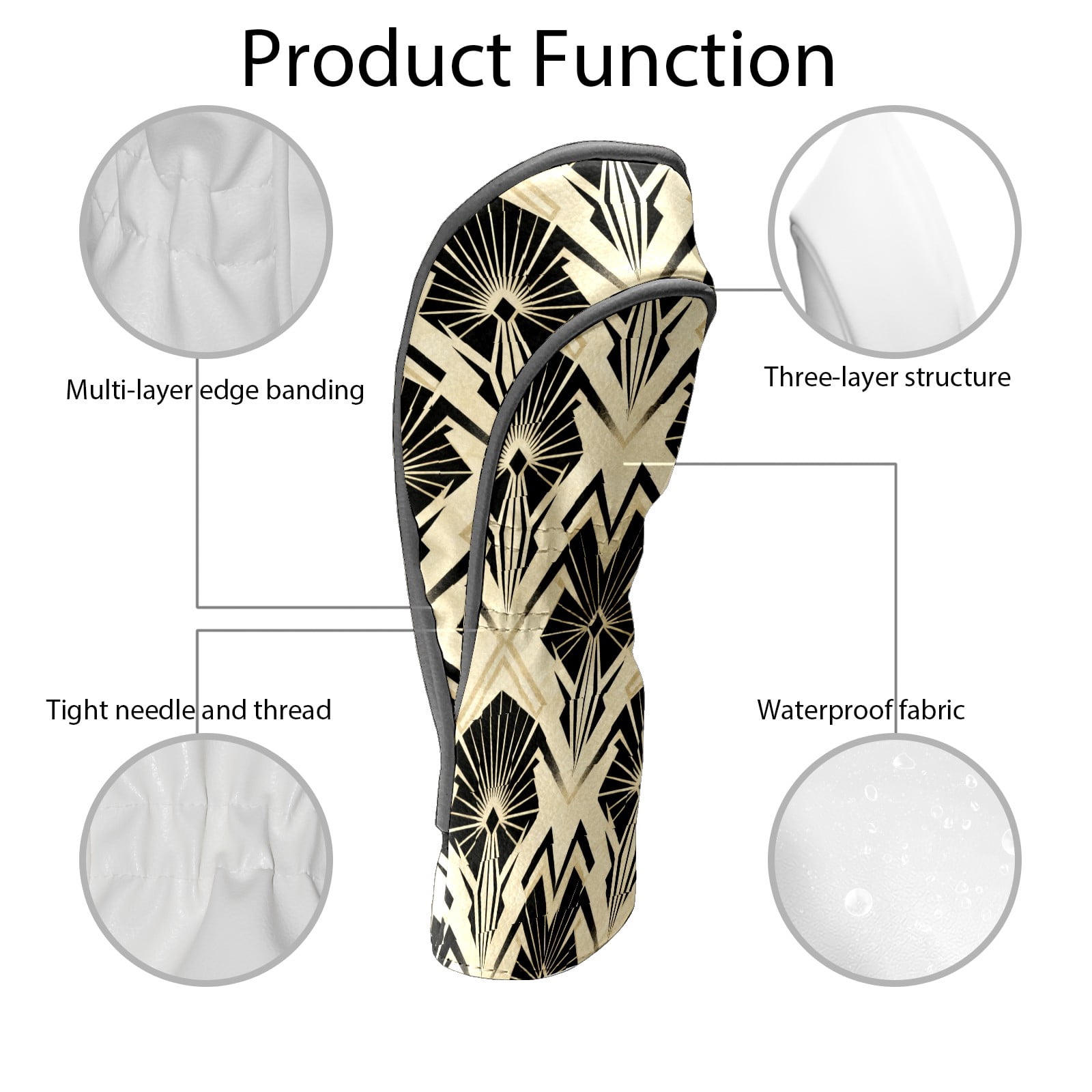 Golf Club Covers, Beige GeometricPattern Premium PU Leather Driver Hybrid Putter Head Covers with Velvet Lining, Waterproof Golf Gifts for Men Women