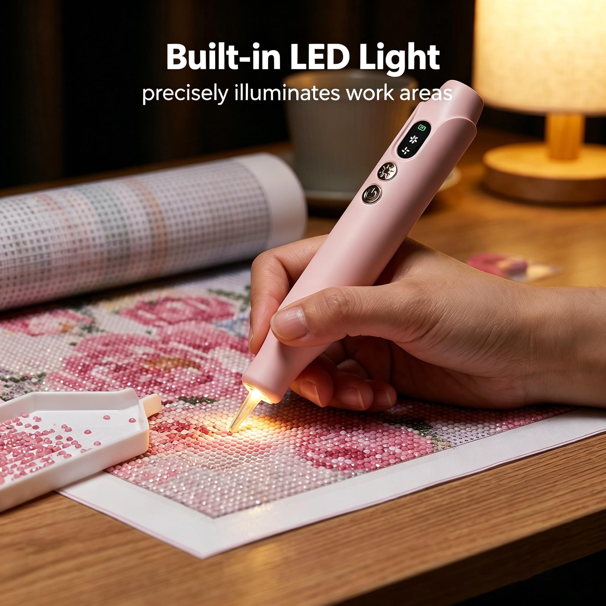 Electric Diamond Art Painting Pen, Cordless Quiet Vacuum Picker, No Wax Needed, 3 Speeds with LED Light, Ergonomic Dot Drill Tool, Diamond Art Accessory for DIY Diamond Painting,pink