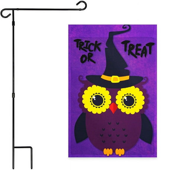 G128 Combo Pack: Garden Flag Stand Black 36x16IN & Garden Flag Trick or Treat Owl Purple 12x18IN
