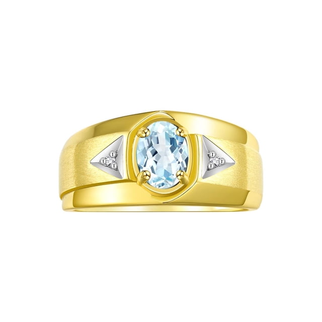 RYLOS Men's Rings 14K Yellow Gold Classic 7X5MM Oval Gemstone & Diamond Ring Aquamarine March Birthstone Rings For Men, Gold Rings Size 8