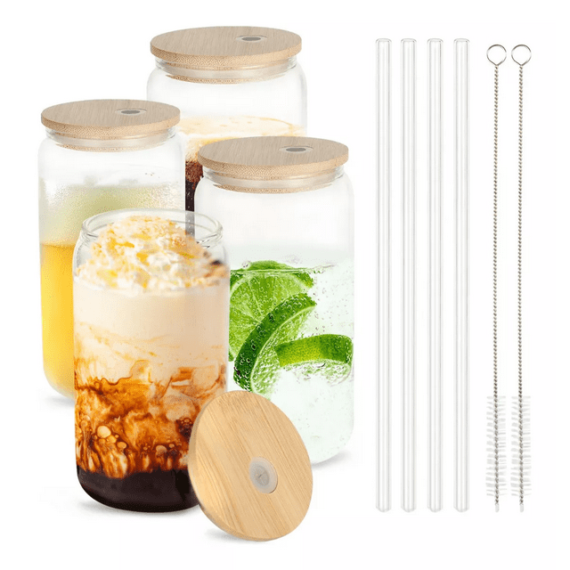 Juego de 4 Vasos Con Tapa de Bambú y Pajita Belug 550ml transparente