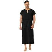 Chemise de nuit pour hommes à manches courtes en coton chemise de nuit col en V fendue sur le côté longue robe Noir L