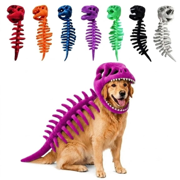 Pet Dinosaur Costume Dinosaur Dog Costume Halloween Edition, Soft Plush Skeleton Pet Outfit for Cats and Dogs, Funny Animal Cosplay Clothing, Cute Party Dress Up Wear,Purple