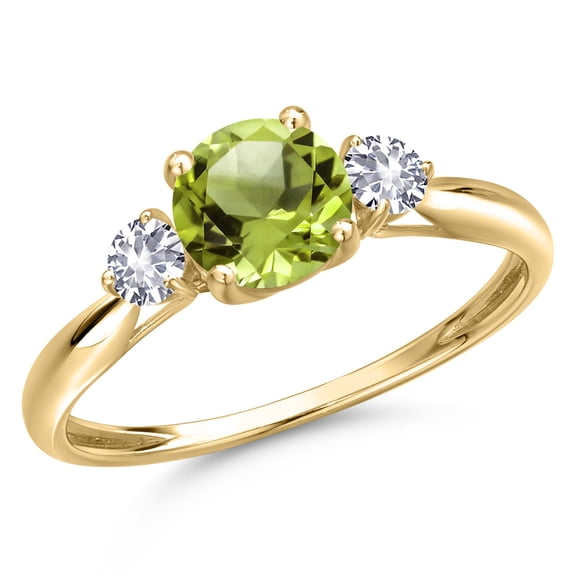 Gem Stone King 10K Yellow Gold Green Peridot and White Created Sapphire 3-Stone Ring for Women | 1.26 Cttw | Round 6MM | Gemstone August Birthstone | Size 8