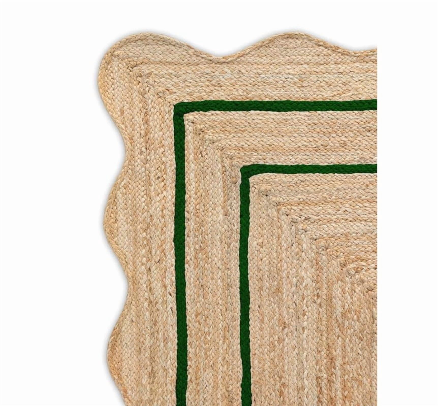 Wave Scalloped Natural Jute Rug, Handmade Boho Farmhouse Braided Eco-Friendly Indoor Carpet for Living Room, Bedroom, Hallway, Green, 4 X 6 FT